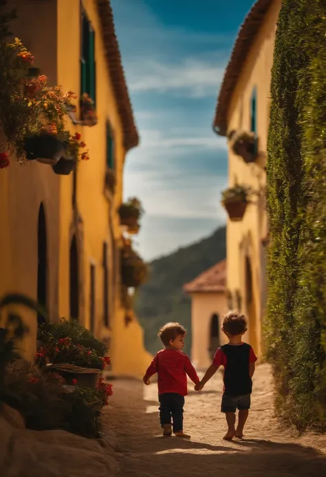 menino: Miguel, aproximadamente 5 anos de idade, cabelo curto estilo Disney, olhos castanhos e sorrisos. garota: Giovana, 2 anos, longos cabelos pretos e olhos azuis. scenecy: Miguel and Giovana are in a cozy little house in the valley, ao fundo um dia ens...