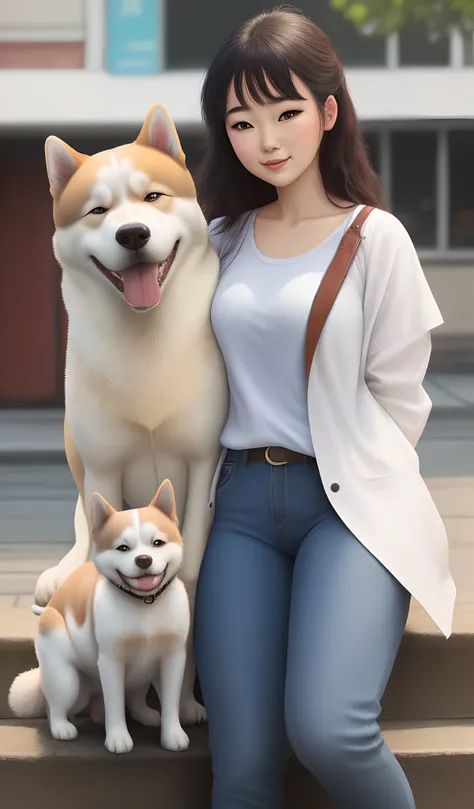 Young lady on the side of white akita dog, estilo pixar