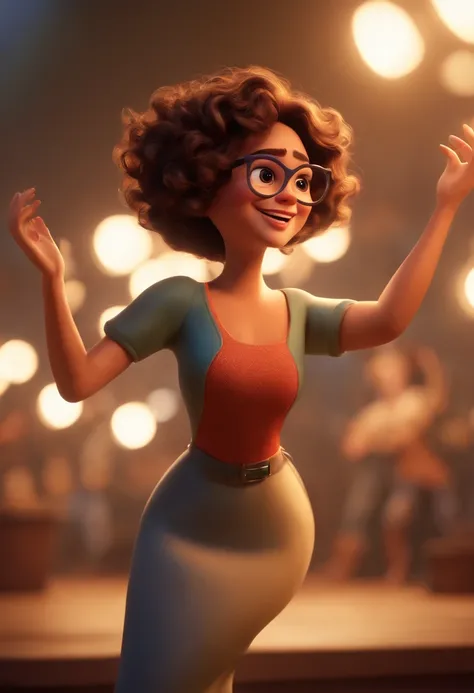 Pixar style image with 3D character white glasses brunette woman short curly hair dancing, Maquiagem Disney,Pescador, bonitinho, sorridente ,Close-up, Pixar, Disney, Cinema lighting,