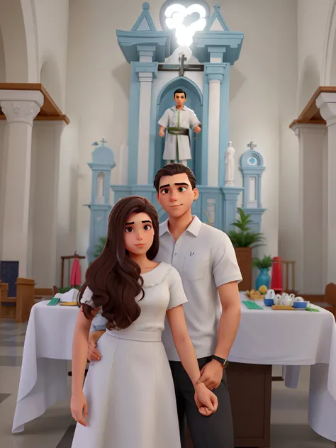 Um jovem casal na igreja, He with his hair slicked back, ambos de branco