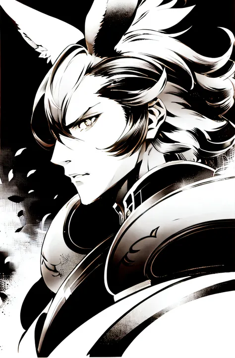 shinkawa youji, male viera, black and white, medium hair, 1male, stern gaze, profile, high detailed eyes,