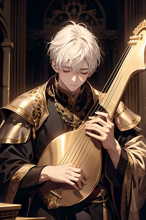 1male, holding large golden musical harp instrument against shoulder, two hands, age 35 face, short messy with bangs, white hair, closed eyes, black clothes, royalty, in a castle, medieval times, close up