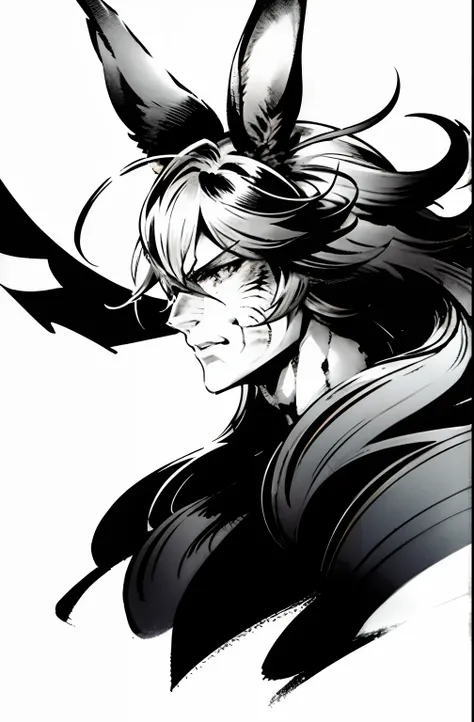 shinkawa youji, male viera, viera, black and white, medium hair, 1male, stern gaze, profile, high detailed eyes, facial scars