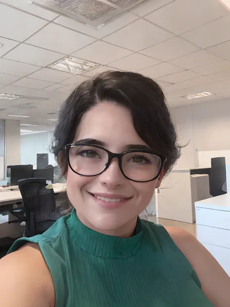 Smiling woman in green top in office with cubicle and desk, fernanda suarez, julia fuentes, Alanis Guillen, Directed by: Nandor Soldier, Valentina Embaralhamento, In Sao Paulo, Malika Favre, imagem do avatar, foto de perfil headshot, foto de perfil profiss...