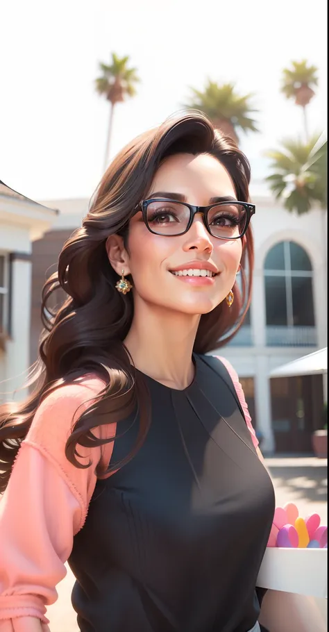 masterpiece, best quality, 3d rendering work, 3DMM style, close-up, portrait, 3D, woman 43 years old, dark skin, brown eyes, dark sunglasses, medium wavy black hair, sweet smile, 80 kg overweight, wear little black dress, gradient background. Colors Candy ...