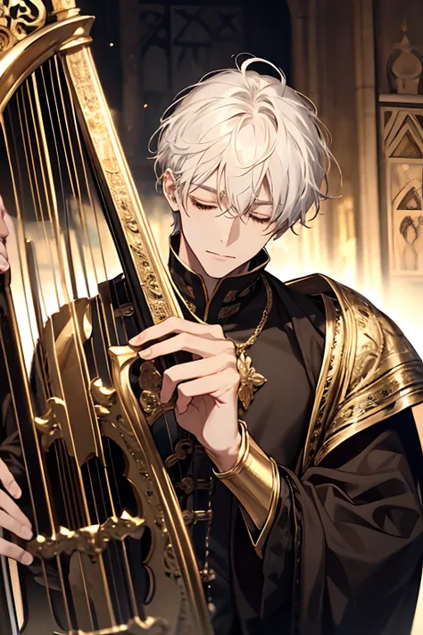 1male, holding large golden musical harp instrument against shoulder, two hands, age 35 face, short messy with bangs, white hair, closed eyes, black clothes, royalty, in a castle, medieval times, close up