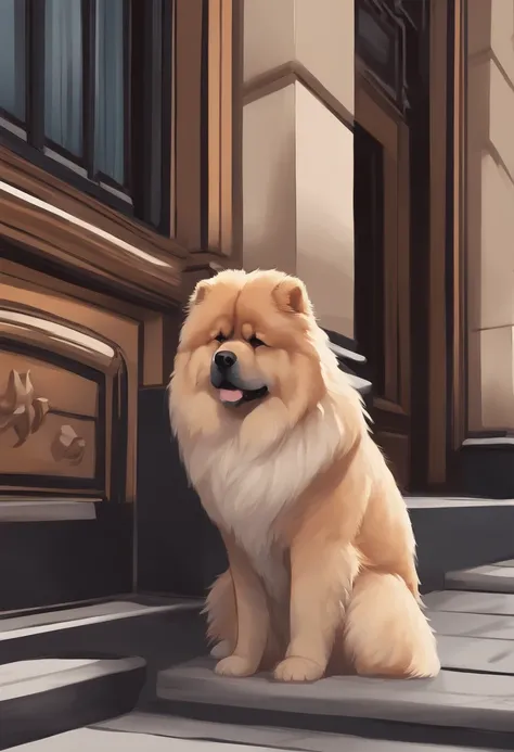 Anime-style photo of a dog sitting on the sidewalk in front of the building, arte digital detalhada bonito, arte oficial altamente detalhada, painting digital adorable, Arte Oficial, por Shitao, por Yang J, arte de fundo, Retrato do personagem, Arte de fun...