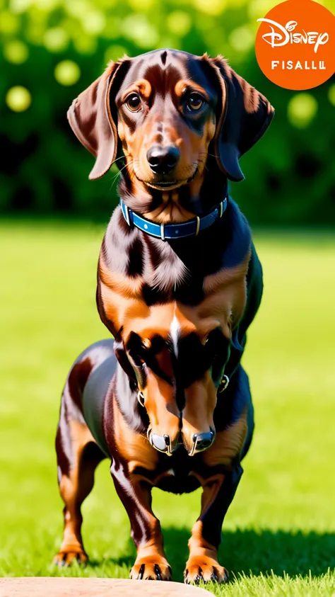 Long haired chocolate dachshund named Meyer with a small ball on a Disney pixar movie cover