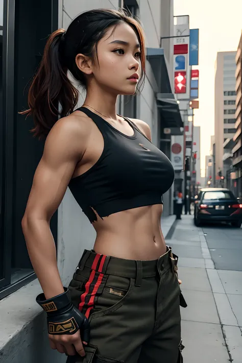 beautiful Filipino girl standing in the streets of Los Angeles, wearing a red dress, wearing black torn crop top and torn military pants, profile image, taken in the early 2000s, 24-year-old, looking fierce, Filipino woman, tan bronze skin, 1girl, military...