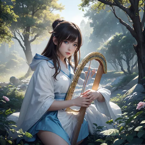 hightquality、8K Ultra HD、fullllbody、A 16-year-old female harpist is playing the harp、robe blanche、light brown hair、Blue eyes、(There is a nice healing forest in the background)、cute little、Beautiful fece、portlate、Morning light、florals、art by:Alberto Seveso、...