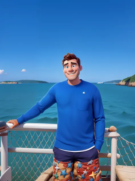 Homem em barco, com camisa longa e short com estampa de estrela do mar, with one hand in his pocket and the other leaning against the boat. Ao fundo, A blue sea and a beautiful sky. Homem de olhos castanhos escuros, is smiling.