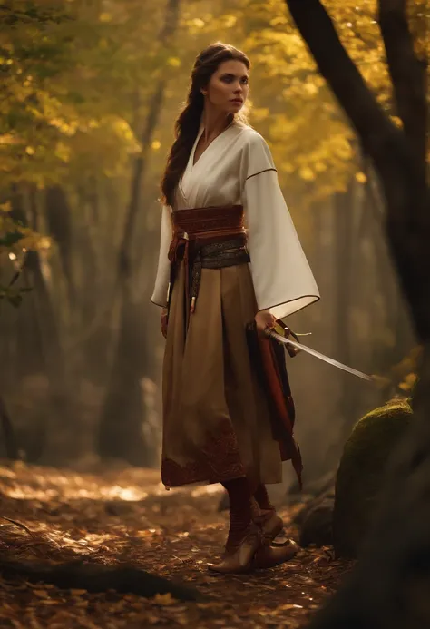 4k, Realistic, Muito Detalhe, there is a girl in a wood, Shes a Samurai, tema guerra, roupas macias, cabelos longos, usando legging, 25 anos, corpo inteiro, usando sapatos gucci