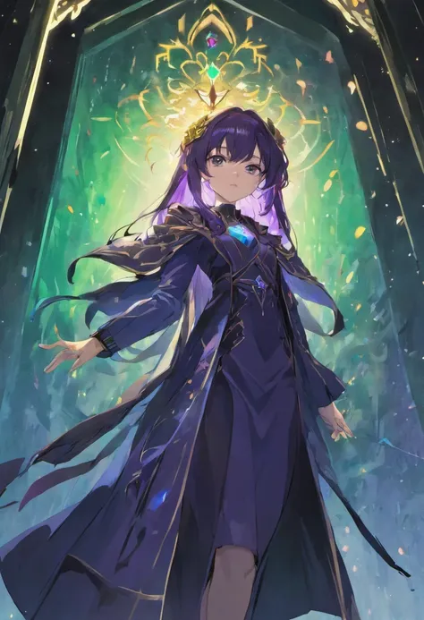 (Best quality masterpiece) dark purple nebula anime character overlooking castle thorns tarot long black coat dress androgynous