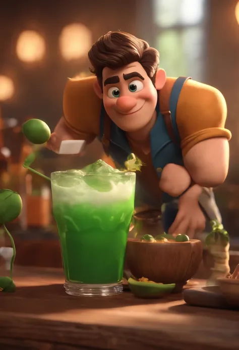 personagem dos desenhos animados de um homem jovem loiro com olhos verdes servindo chope em uma torneira de um bar vintage, animation character, Caractere estilizado, animation style rendering, 3D estilizado, Arnold Maya render, 3 d render stylized, toon r...