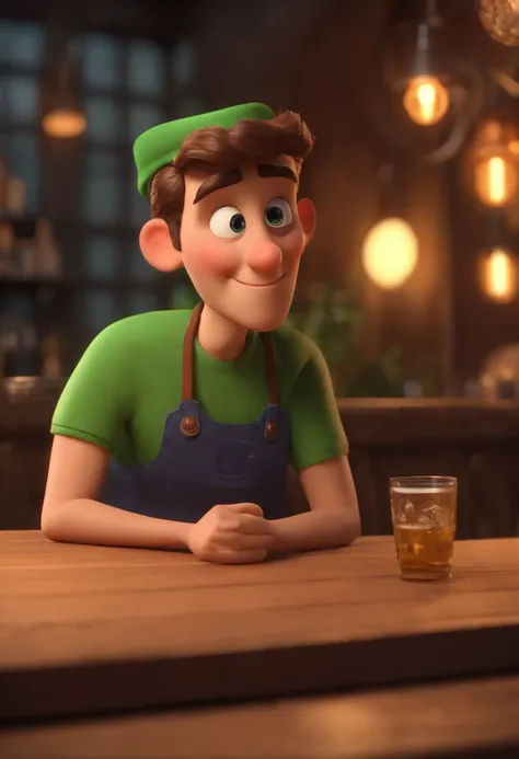 personagem dos desenhos animados de um homem jovem loiro com olhos verdes servindo chope em uma torneira de um bar vintage, animation character, Caractere estilizado, animation style rendering, 3D estilizado, Arnold Maya render, 3 d render stylized, toon r...