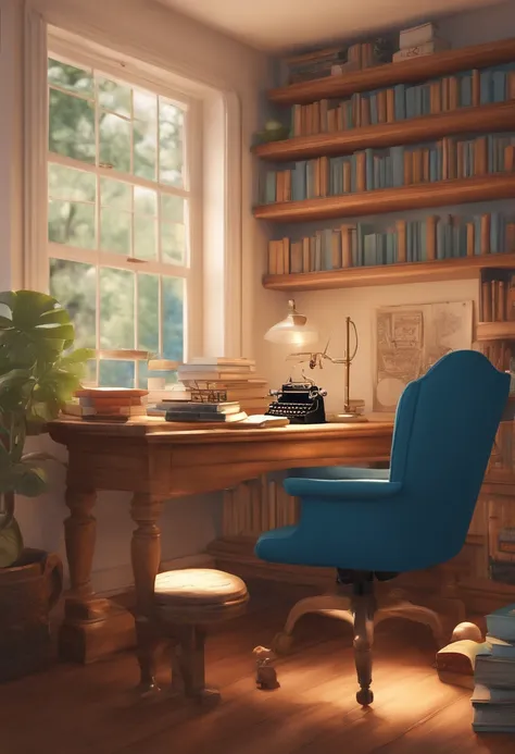 Uma imagem estilo Pixar de um escritora branca, cabelos loiros com luzes, Rounded blue glasses, olhos castanhos escuros, em uma sala com estantes e prateleiras com livros e miniaturas de personagens de desenhos animados, sitting behind a desk, with a typew...