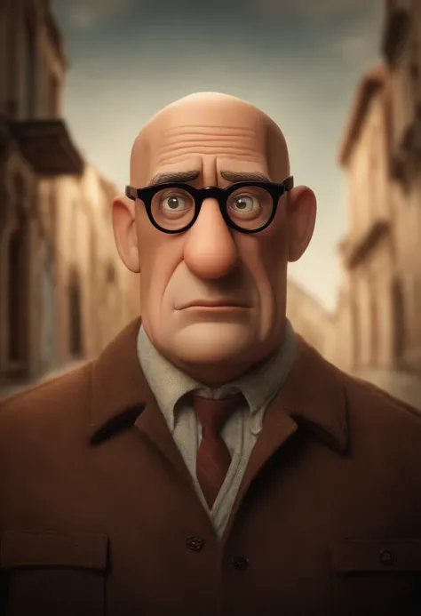 poster no estilo pixar. Um homem de 50 anos, moreno claro, bald man who wears glasses, de 1,70cm, with nose is large and lips are thick.