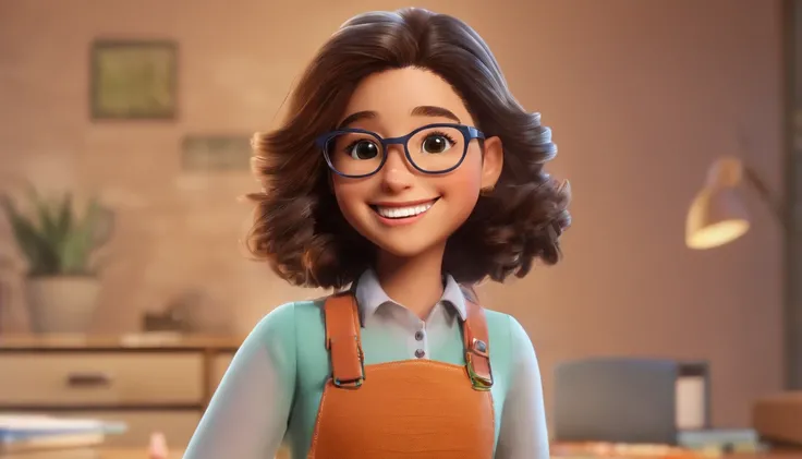 criativo, menina sorriso com cabelo preto e longo, brown eyes with glasses in your creative room