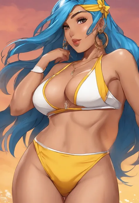 Nessa rurina, from behind, in bikini, white and yellow panties, white and yellow bra, big ass, big breasts, blushed, blue hair, tanned brown skin