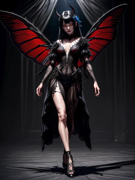 high details, best quality, 16k, RAW, [best detailed], masterpiece, best quality, (extremely detailed), (full body: 1.2), ultra wide shot, photorealistic, dark fantasy art, gothic art, an award winning photoshoot picture of an a dark vampiric fairy, exquis...