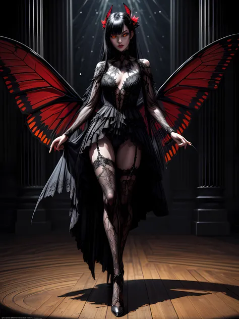 high details, best quality, 16k, RAW, [best detailed], masterpiece, best quality, (extremely detailed), (full body: 1.2), ultra wide shot, photorealistic, dark fantasy art, gothic art, an award winning photoshoot picture of an a dark vampiric fairy, exquis...