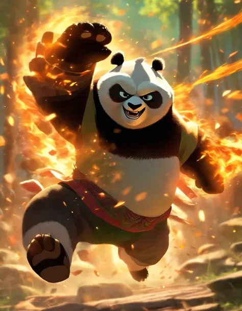 Depois, the adorable Kung-Fu Panda, mostrando suas proezas nas artes marciais em um campo de treinamento cheio de bambu. He strikes a dynamic pose in the middle of the action, Surrounded by a sense of energy. Lighting is dramatic, emphasizing their determi...