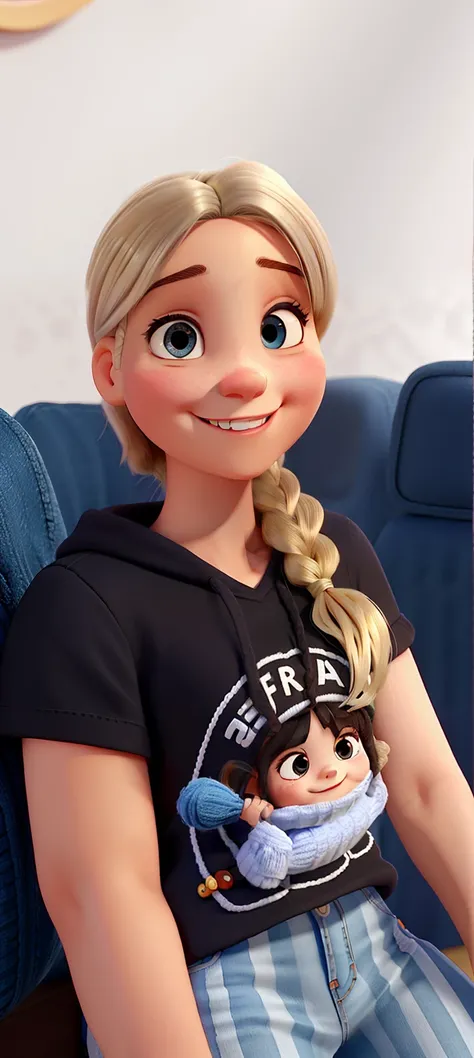 Uma menina bonita com cabelo loiro, Dark eyes in jeans and white knitting smiling. Estilo pixar. Melhor qualidade. Blonde Jair, background park