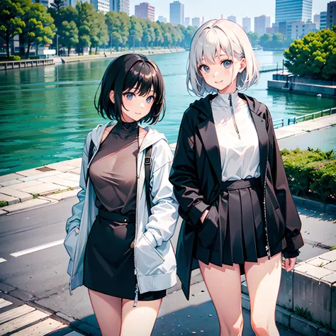 Two Japan women exposed in a park on the Sumida River in Japan、She was a 27-year-old woman with loose, fluffy short hair and lobbed hair、One is a 31-year-old woman with small breasts and a dark brown lob、The two are having fun、small tits、Small、discreet bre...