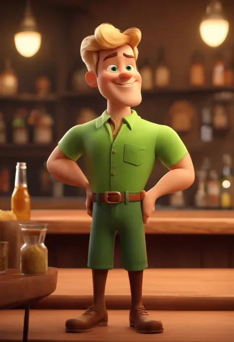 cartoon character of a man with blonde hair, green eyes, green t-shirt holding a glass of beer in a vintage style bar, animation character, Stylized character, animation style rendering, 3d stylized, Arnold Maya render, 3d rendering stylized, toon renderin...