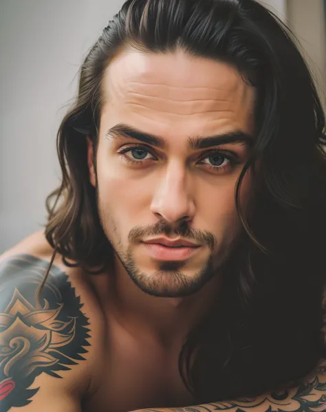 Homem arafed com cabelos longos e tatuagens deitado em uma cama, com cabelos longos e olhos penetrantes, Rosto Masculino, cara bonita, rosto masculino bonito, rosto bonito perfeito, rosto bonito e rosto bonito, cara perfeita e menino, Anato Finnstark. rost...