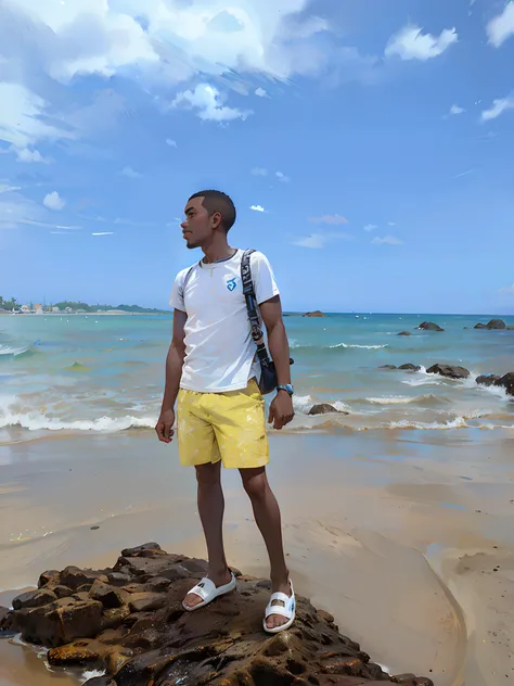 Araffe standing on a rock on a beach with a blue sky, standing at the beach, posando em uma praia com o oceano, ao lado do oceano, vestindo uma camiseta branca moderna, standing near the beach, O oceano ao fundo, em uma praia tropical, Standing on a beach,...