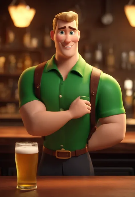 cartoon character of a slim man with short blond hair, green eyes, green shirt, with a glass of beer in his hand, in a vintage Irish style bar, animation character, stylized character, animation style rendering, 3d stylized , Arnold Maya rendering, stylize...