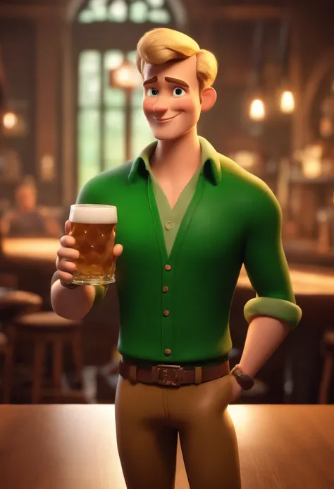 cartoon character of a slim man with short blond hair, green eyes, green shirt, with a glass of beer in his hand, in a vintage Irish style bar, animation character, stylized character, animation style rendering, 3d stylized , Arnold Maya rendering, stylize...