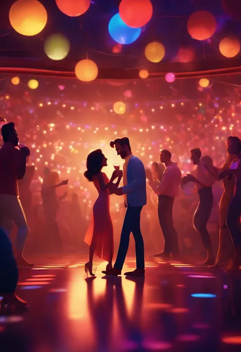 Pixar. Couple at an electronic music party having fun and drinking.