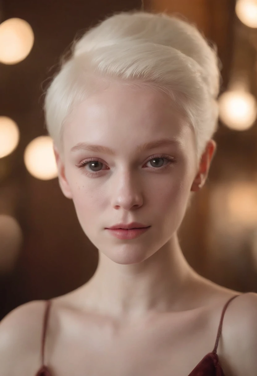 make a wonderful 20 year old albino girl in night clothes working as a mixologist at night, with a brown birthmark like 2 stars, one bigger and one smaller