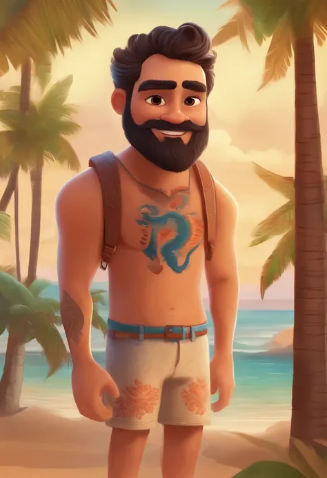 Dibujo estilo Pixar, 30 years old man, with a two-day beard, nariz redondo, pelo muy corto, en una playa