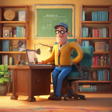 Crie um cartaz inspirado na Disney Pixar com o personagem sendo o professor Pedro Henrique Berbert de Carvalho, Um homem de cabelos marrom, In an office with the computer on the desk and books in the background