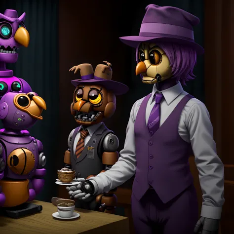 fnaf, animatronic fnaf, animatronic girl, scary, animatronic owl, purple, animatronic owl waiter, wizard hat, tie on the body, animatronic fnaf, hdr, hd , Full hd