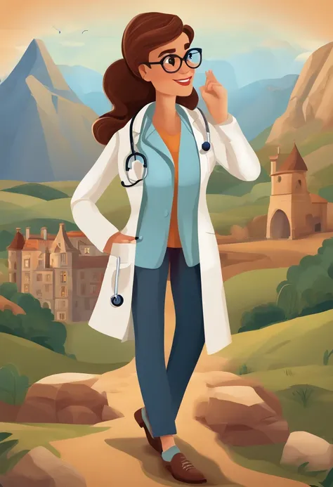 Create a poster in the style of Disney PIXAR movies and examine the title: BRUNELLA.
The setting should be a beautiful doctors office, com cores claras e amplo. The main image should be of a beautiful female doctor, De pele clara, cabelos lisos escuros lon...