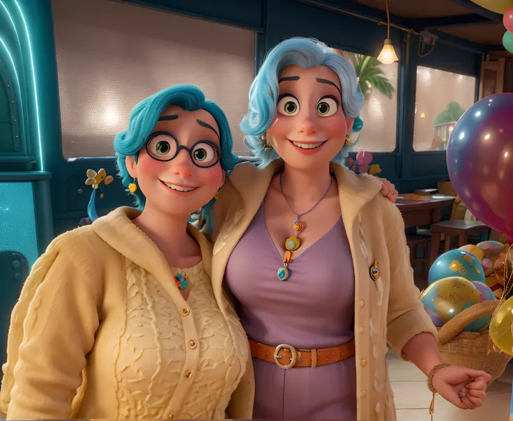 Obra-prima ao estilo Disney/Pixar in high quality and high resolution. duas mulheres de cabelo amarelo, One of them is skinny and holds colorful balloons celebrating birthday