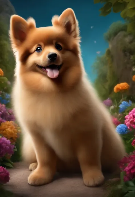 (best quality,4k,8k,Altas,master part:1.2),ultra-detalhado,(Realistic,fotorrealista,photo-realistic:1.37),Cartaz animado da Disney,German Spitz,Adorable puppy,Races,pele cor de caramelo,corpo peludo,grandes olhos negros,playful expression,patas para cima,P...