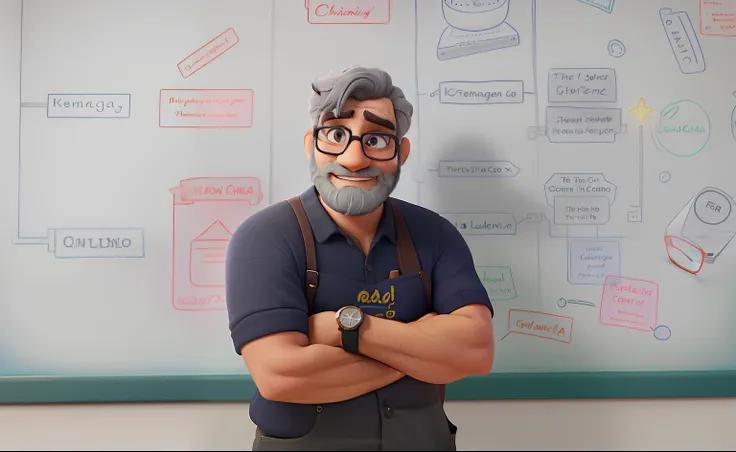 A bespectacled man with gray hair and beard standing in front of a chalk board, iluminado pela luz de uma janela, contra o pano de fundo de uma sala de aula.