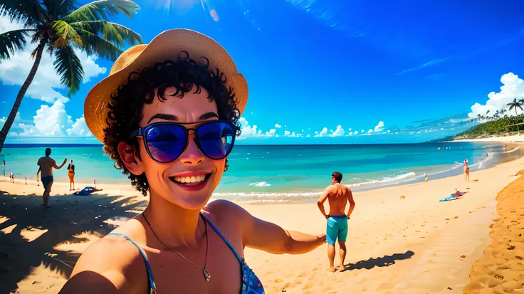 there are two men standing on the beach taking a sel fie, palm trees in the background, standing near the b each, beach trees in the background, two handsome men, at a tropical beach, in the beach, at the beach, puerto rico, the ocean in the background, be...