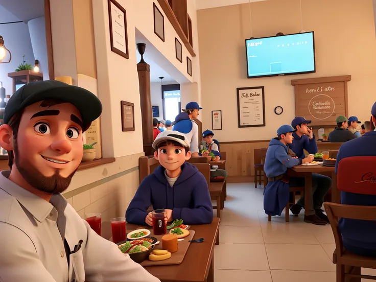 Man in cap and boy in the restaurant