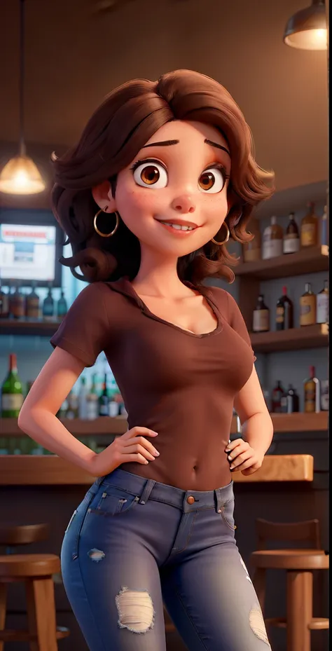 Mulher morena nova, medium dark brown hair, olhos castanhos vestindo jeans e blusa preta bebendo cerveja em um bar de Nova York