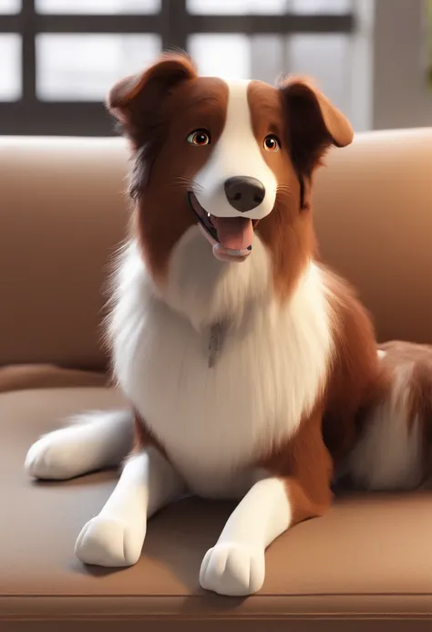 dog without defined breed, semlhante ao border collie mas pequeno, branco e com rosto parcialmente marrom, sitting on couch, com o nome Tails na colera no estilo disney pixar 3d.