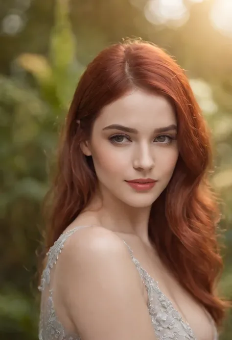 4k, 8k, master part, best quality, parte superior do corpo, 1girl, Olhando para o Viewer, red hair, medium hair, Olhos verdes, A atriz tem 23 anos, busto aberto, Um rapaz, jardim, animais, Isso, pornstar ready to fuck