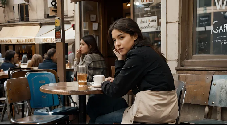 there is a woman sitting on a chair outside of a restaurant, in a sidewalk cafe, sitting in a cafe, by Sergio Burzi, candid street photography, sitting alone in a cafe, inspired by Louis Faurer, sitting in a cafe alone, inspired by Louis Stettner, street p...