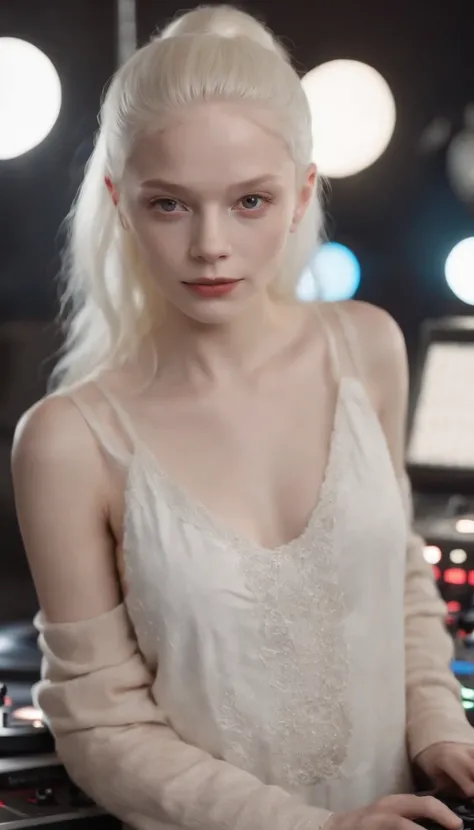 make a wonderful 20 year old albino girl in night clothes working as a Dj at night, with a brown birthmar k in your arm like 2 stars one bigger and one smaller. she is attractive