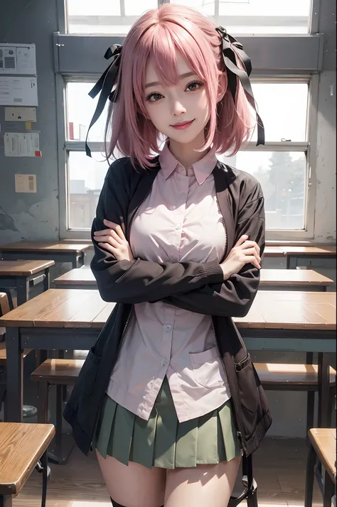 Realistic, nino nakano, ultra detail, masterpiece, high quality, pink hair, smile